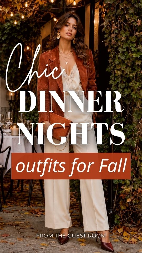 A woman wears chic dinner night outfit for fall with a rust suede jacket, lace camisole, cream wide-leg pants, and burgundy heels