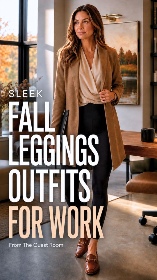 A woman wears fall leggings outfit for work with a beige blazer, wrap blouse