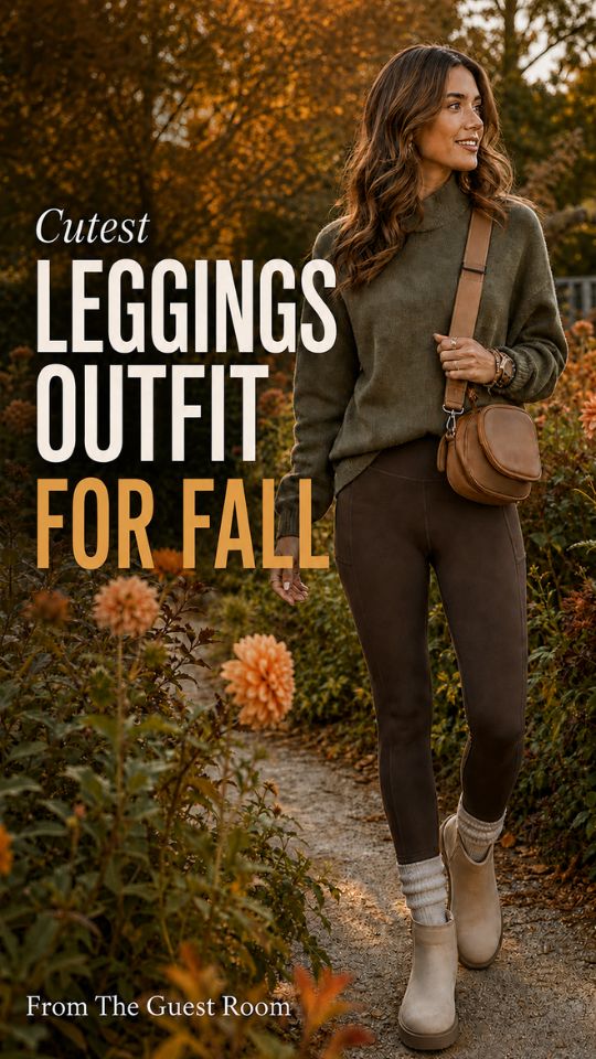 A woman wears leggings outfit for fall with an olive green sweater, beige ankle boots, and a tan crossbody bag