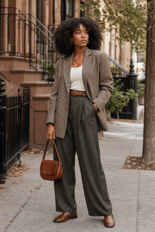 Black woman wearing a checked blazer with olive wide-leg trousers and brown loafers.