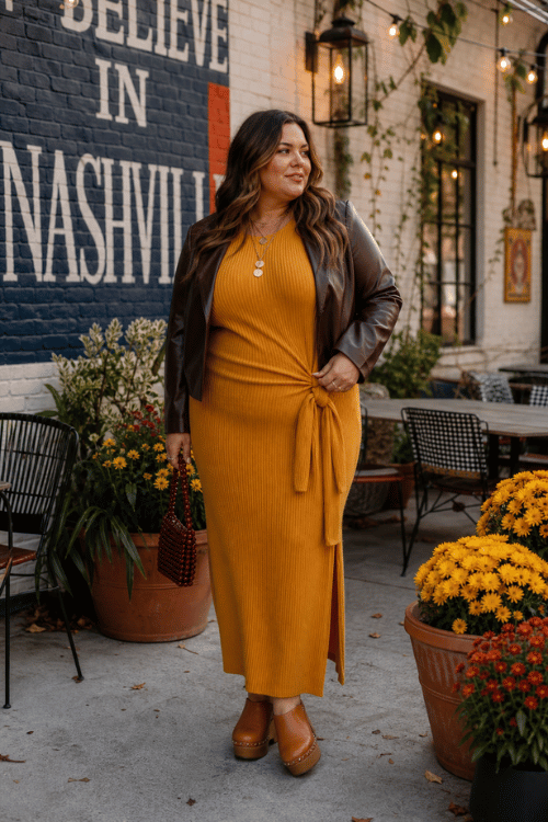 Plus-size woman in a mustard ribbed wrap dress with a brown leather jacket and platform clogs.