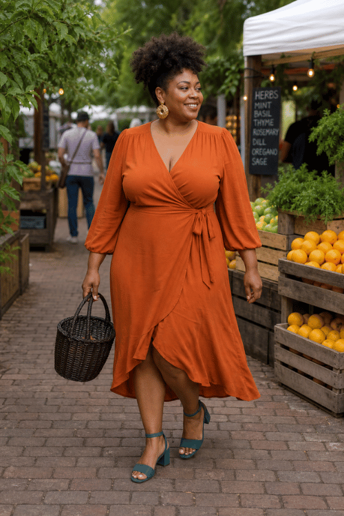 Plus-size woman in a rust wrap midi dress with teal block-heel sandals at a farmers market.