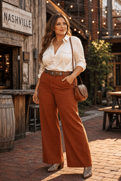 Plus-size woman in a white button-up shirt with rust wide-leg trousers and snakeskin boots.