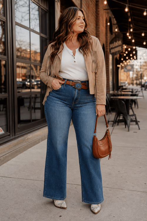 Plus-size woman wearing a beige fringe jacket with a white top, wide-leg jeans, and snakeskin heels.