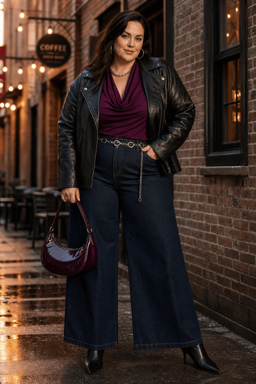 Plus-size woman wearing a black leather moto jacket over a plum draped top with dark wide-leg jeans, black pointed-toe boots, and a burgundy shoulder bag.
