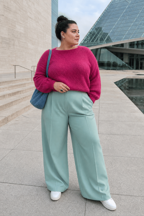 Plus-size woman wearing a bright pink sweater with mint wide leg trousers and white sneakers.