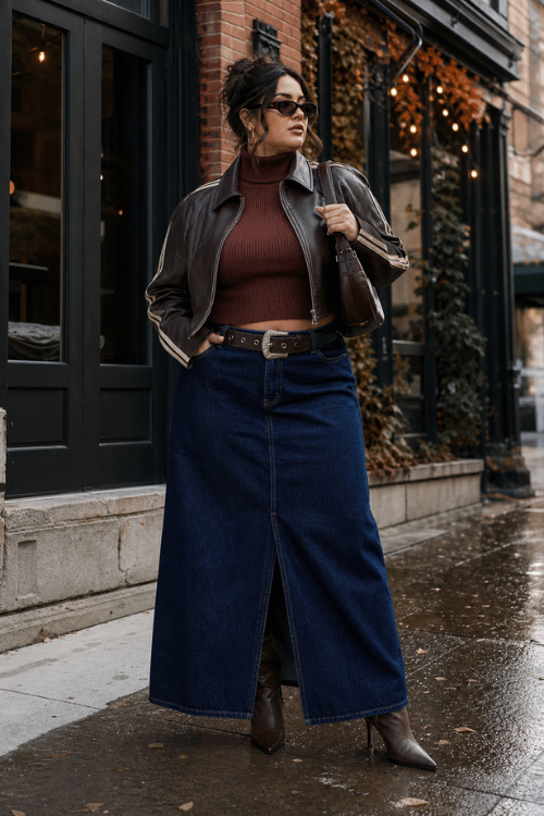 Plus-size woman wearing a brown leather bomber jacket over a brown turtleneck with a dark denim maxi skirt, pointed-toe boots, and a brown shoulder bag.