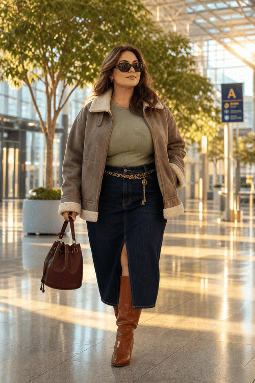 Plus-size woman wearing a brown shearling jacket over an olive knit top with a dark denim midi skirt, brown knee-high boots and a brown bucket bag