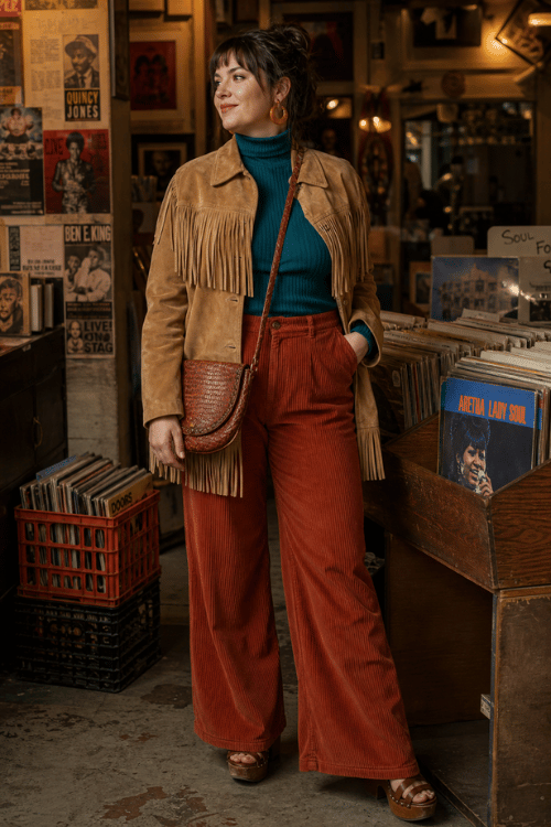 Plus-size woman wearing a camel suede fringe jacket over a teal turtleneck with rust corduroy wide-leg pants, brown platform sandals, gold hoop earrings, and a woven leather crossbody bag.