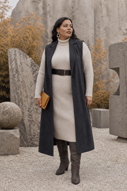 Plus-size woman wearing a cream ribbed sweater dress with a charcoal sleeveless coat, gray knee-high boots, and a wide black belt.