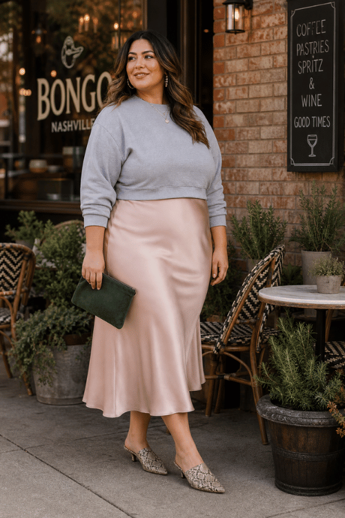 Plus-size woman wearing a gray sweatshirt with a blush satin midi skirt and snakeskin flats outside a café.