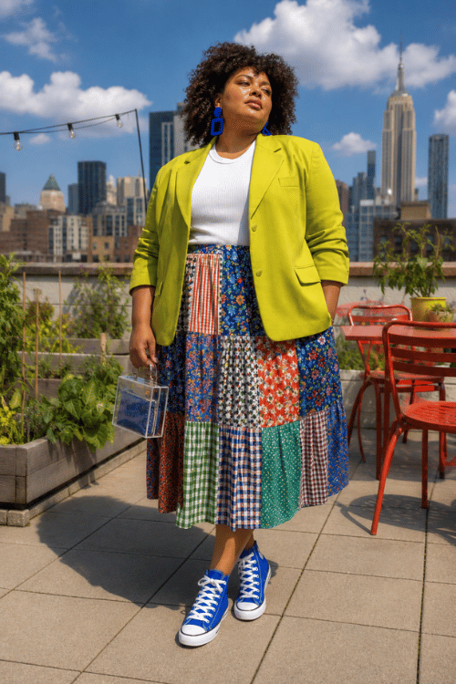 Plus-size woman wearing a lime green blazer over a white fitted tank top with a colorful patchwork midi skirt, bright blue high-top sneakers, bold blue statement earrings.