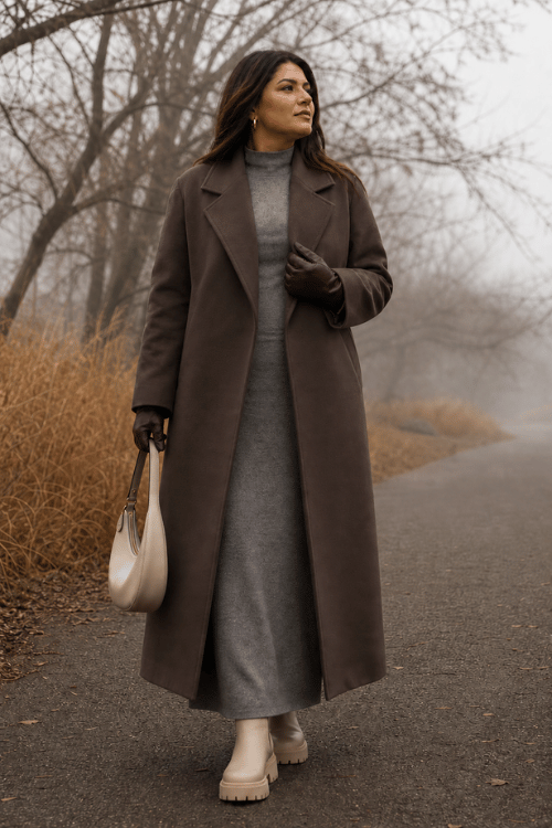 Plus-size woman wearing a long chocolate brown coat over a gray knit midi dress with cream platform boots and a white shoulder bag.
