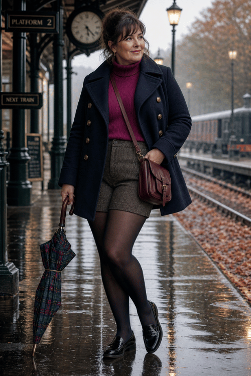 Plus-size woman wearing a navy pea coat with a magenta turtleneck, tweed shorts, and loafers.