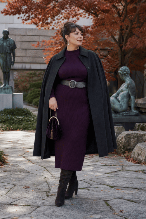 Plus-size woman wearing a plum sweater dress with a charcoal cape coat and black boots.