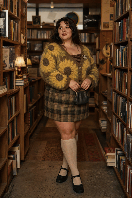 Plus-size woman wearing a sunflower cardigan with a plaid mini skirt and Mary Jane shoes.