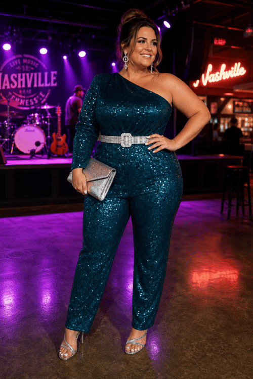 Plus-size woman wearing a teal one-shoulder sequin jumpsuit with silver heels at a Nashville live music venue.