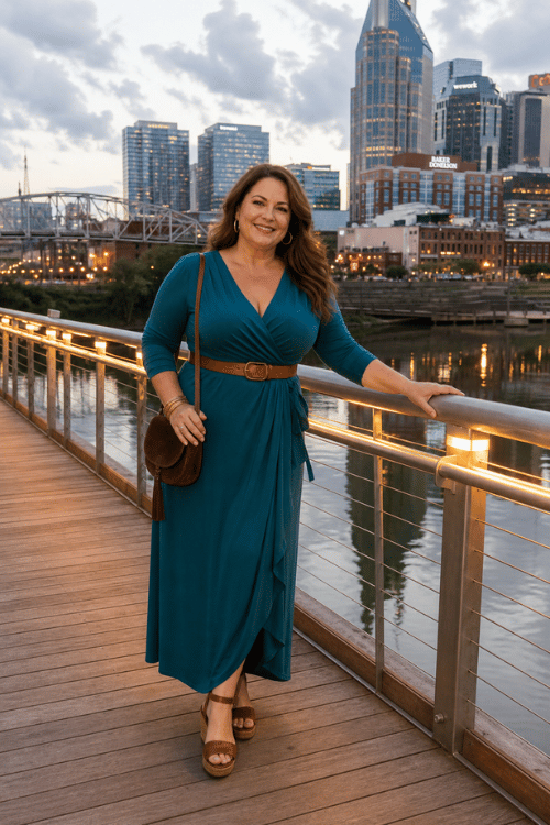Plus-size woman wearing a teal wrap maxi dress with a brown belt and wedge sandals on a Nashville riverwalk.