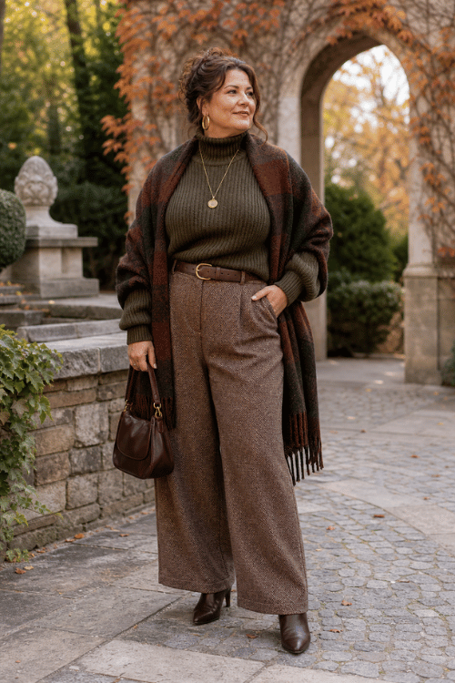 Plus-size woman wearing an olive turtleneck with brown tweed wide leg trousers and a plaid scarf.