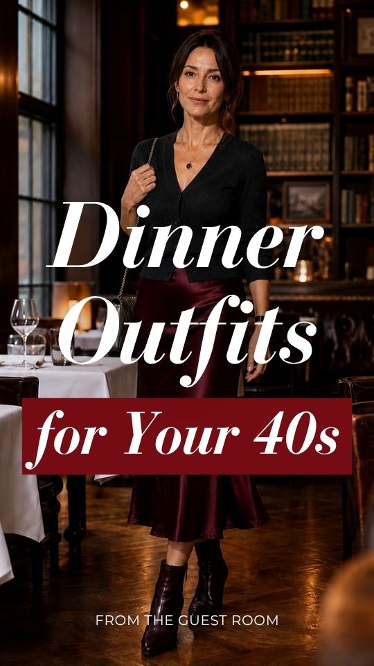 Woman in 40s wearing a dinner outfit with a black button-front cardigan with a burgundy satin midi skirt, black ankle boots