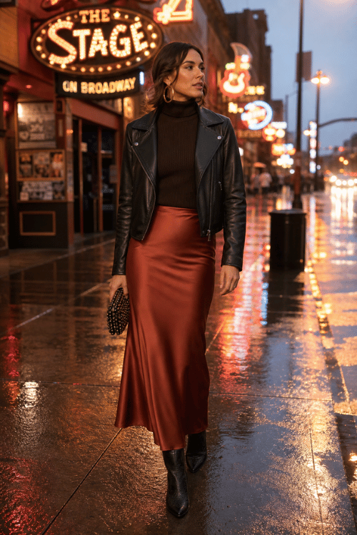 Woman in a black turtleneck with a rust satin midi skirt and a black leather moto jacket.