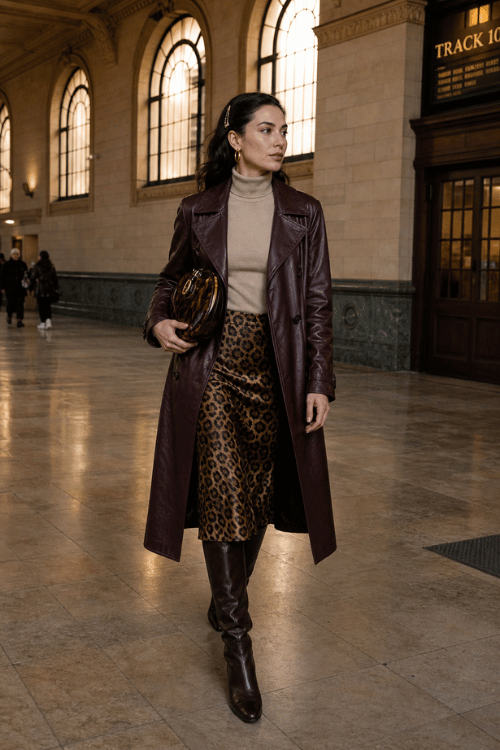 Woman in a burgundy leather trench coat with a leopard midi skirt and knee-high boots.