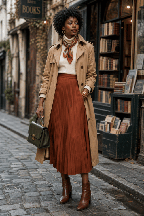 Woman in a camel trench coat with a cream turtleneck and rust pleated midi skirt.