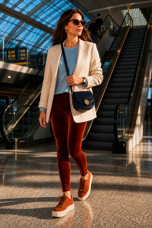 Woman in a cream blazer, blue sweater, rust velvet pants, and platform sneakers carrying a navy crossbody bag at an airport.