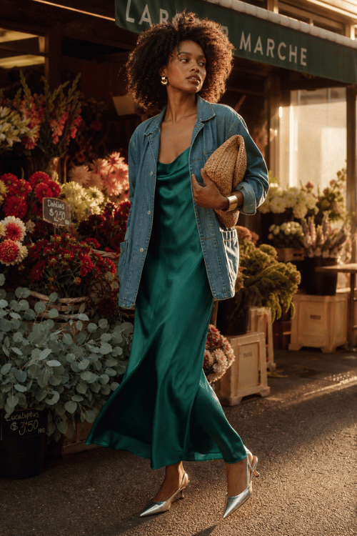 Woman in a denim overshirt layered over an emerald satin slip dress with silver slingback heels.