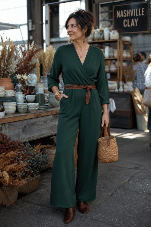Woman in a forest green belted jumpsuit with brown ankle boots and a woven basket bag.