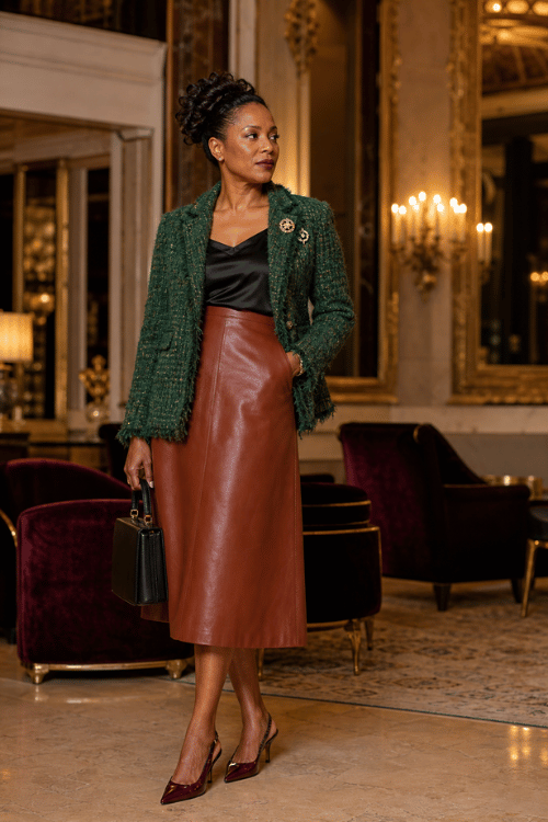 Woman in a green tweed jacket, black satin camisole, and brown leather midi skirt.
