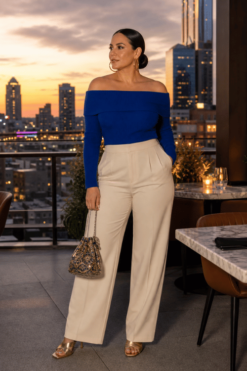 Woman in a royal blue off-the-shoulder sweater with cream wide-leg trousers and gold sandals.
