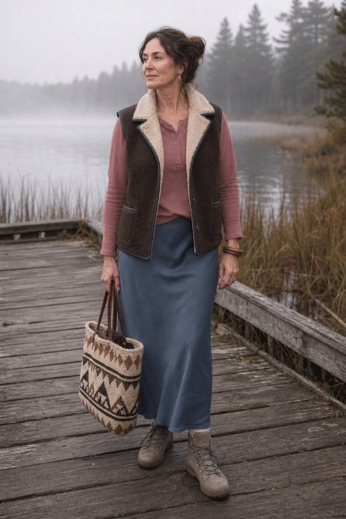 Woman in a shearling vest with a dusty rose top, blue satin skirt, and hiking boots.