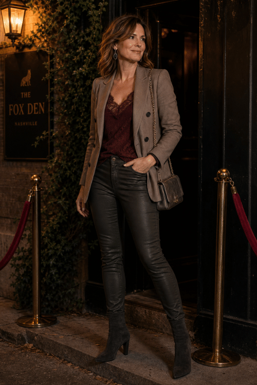 Woman in a taupe blazer with a burgundy lace camisole, black leather pants, and gray ankle boots.