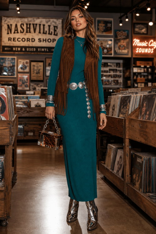 Woman in a teal ribbed midi dress with a brown fringe vest and metallic cowboy boots.
