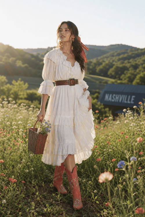 Woman in a white ruffle midi dress with pink cowboy boots and a woven basket bag.