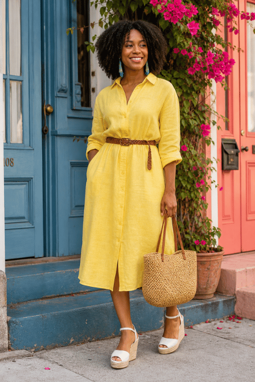Woman in a yellow belted shirt dress with white espadrille wedges and a woven tote.