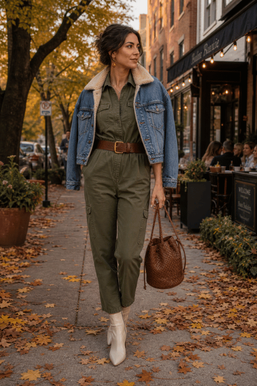 Woman in an olive utility jumpsuit with a shearling denim jacket and white ankle boots.