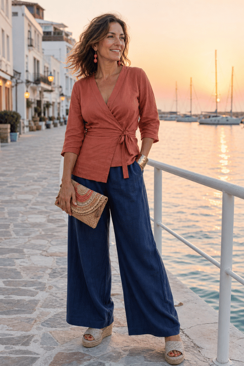 Woman over 40 wearing a terracotta wrap blouse with navy wide-leg linen pants, beige wedge espadrilles, coral drop earrings, gold bangles, and a woven clutch by the waterfront at sunset.