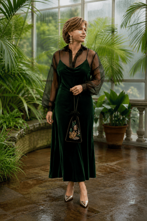 Woman over 40 wearing an emerald green velvet slip dress layered under a sheer black blouse with metallic pointed-toe pumps, floral embroidered drawstring bag, and statement earrings.
