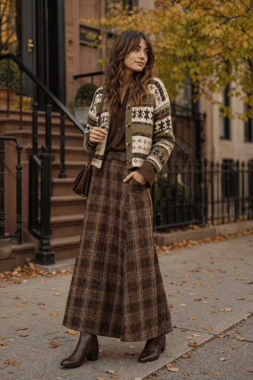 Woman wearing a Fair Isle cardigan with a brown plaid maxi skirt and brown ankle boots.