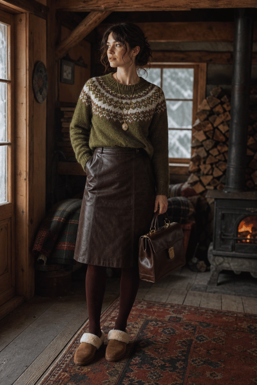 Woman wearing a Fair-Isle sweater with a brown leather skirt and cozy slippers.