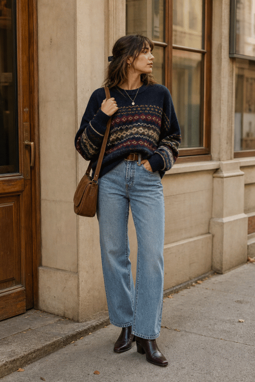Woman wearing a Fair Isle sweater with light wash jeans and dark brown ankle boots.