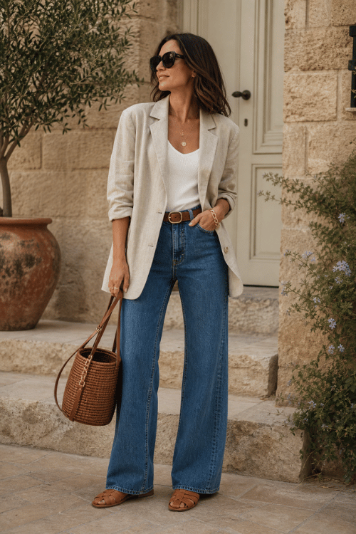Woman wearing a beige linen blazer with dark wash wide leg jeans and tan sandals.