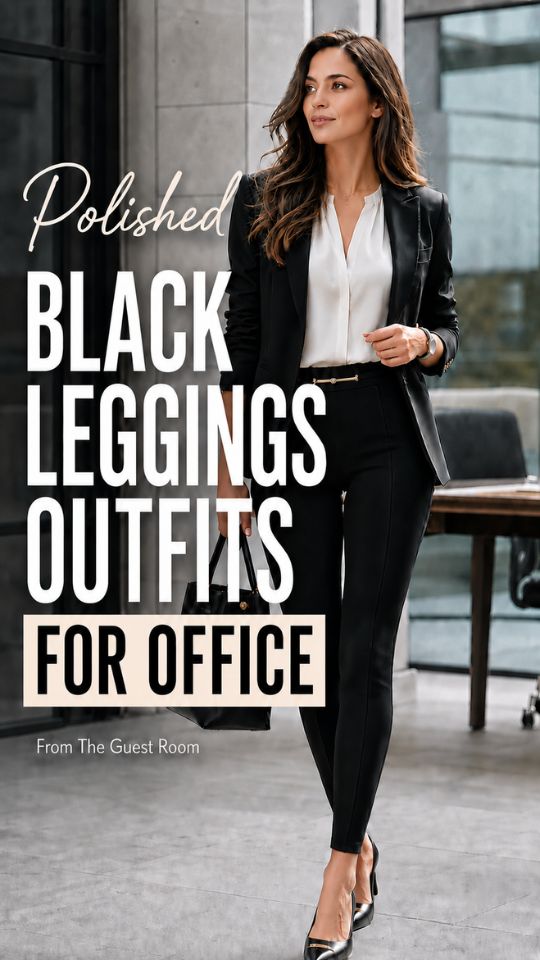 Woman wearing a black leggings outfit for office with a black blazer over a white blouse