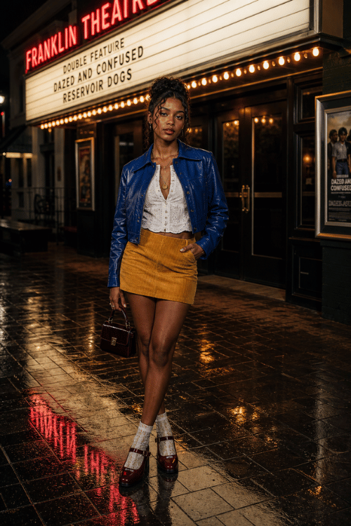 Woman wearing a blue leather jacket with a white lace blouse and mustard mini skirt.