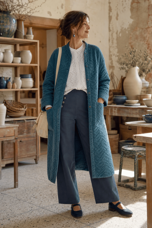 Woman wearing a blue quilted coat with wide-leg pants and Mary Jane flats.