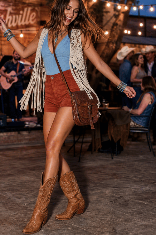 Woman wearing a blue sleeveless top, rust suede shorts, a fringe crochet vest, and brown cowboy boots at a live music venue.