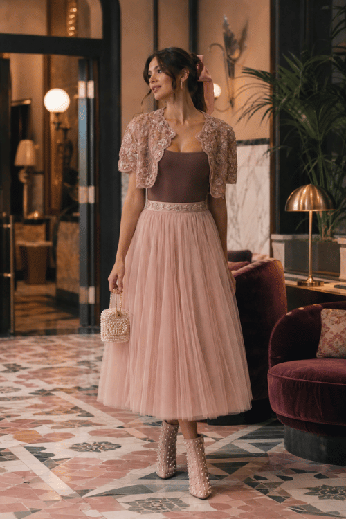 Woman wearing a blush tulle midi skirt with a lace bolero and embellished ankle boots.