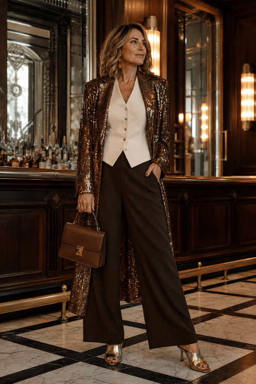 Woman wearing a bronze sequin coat, white vest, brown wide-leg trousers, and metallic heels in an elegant bar.